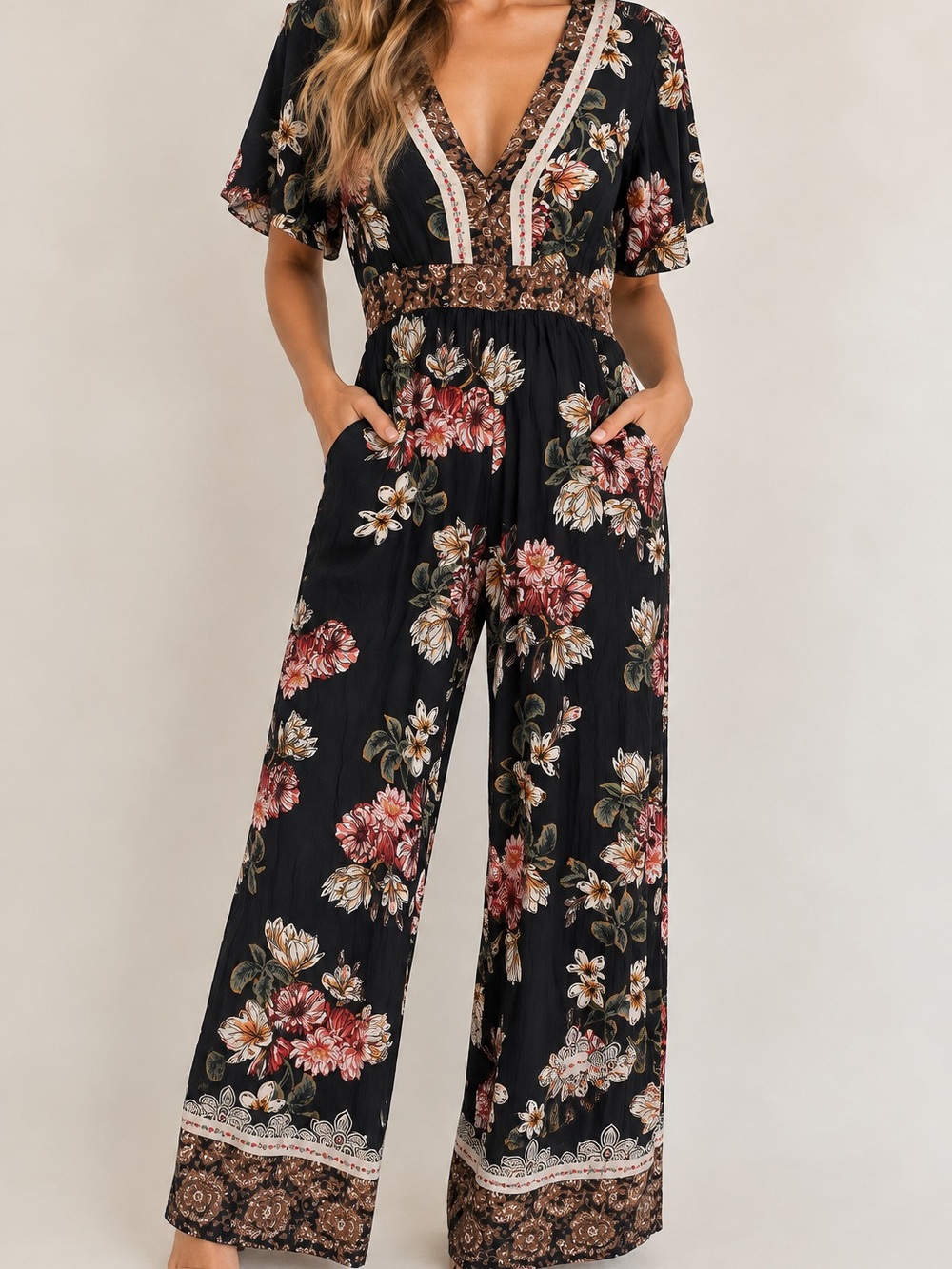 Angie dark green Floral Wide Leg Jumpsuit